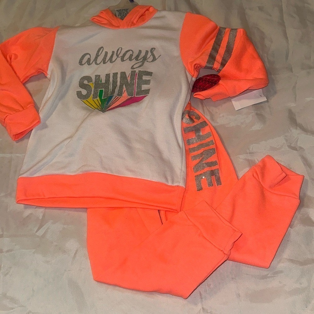 Diva Girls Neon Orange White Always Shine Glitter Hoodie Jogger Set Size 4/5 XS